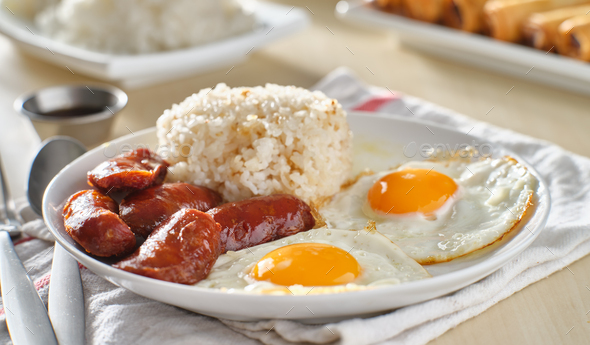 Filipino Silog Breakfast With Garlic Fried Rice Longsilog And Two